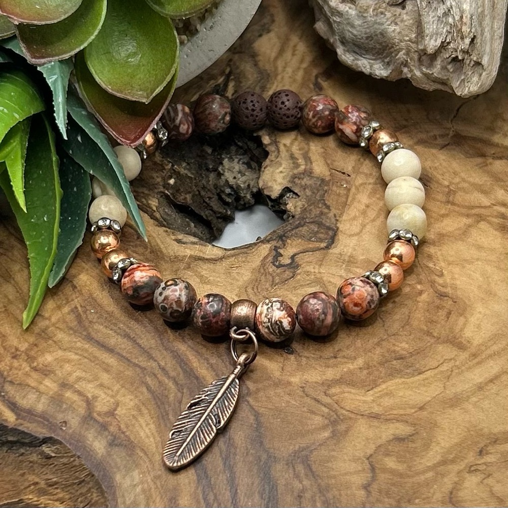 Earthy Beaded Jasper and Riverstone Bracelet with Feather Charm & lava beads.
